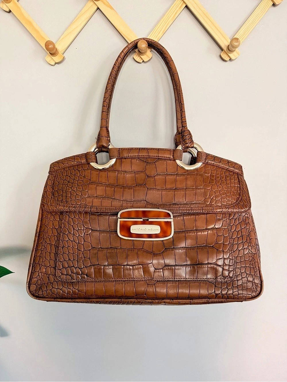 Y2K Antonio Melani Croc-Embossed Leather Satchel with vibrant green lining